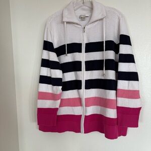 Striped Zip-Up Sweater in Pink and Navy Rugby Stripes